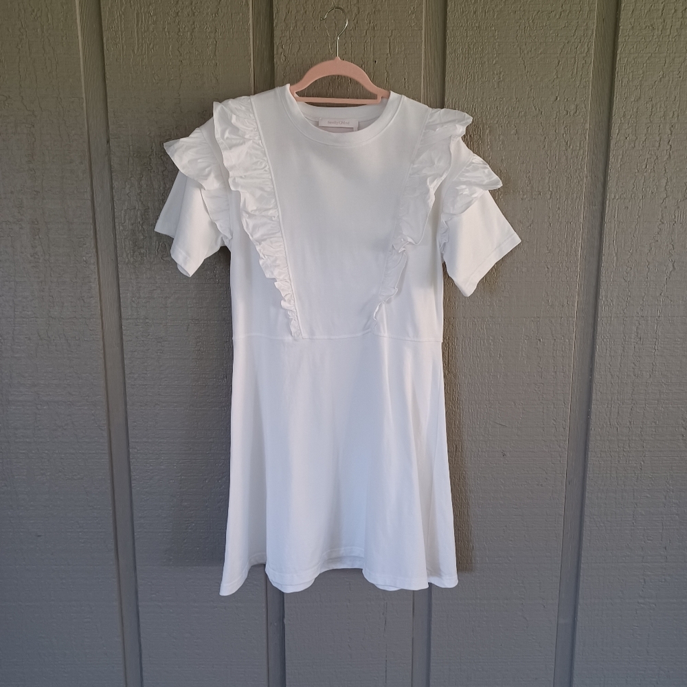 See By Chloe Ruffle Sleeve Cotton Shift Mini Dress Size S Women Preppy Crew Neck